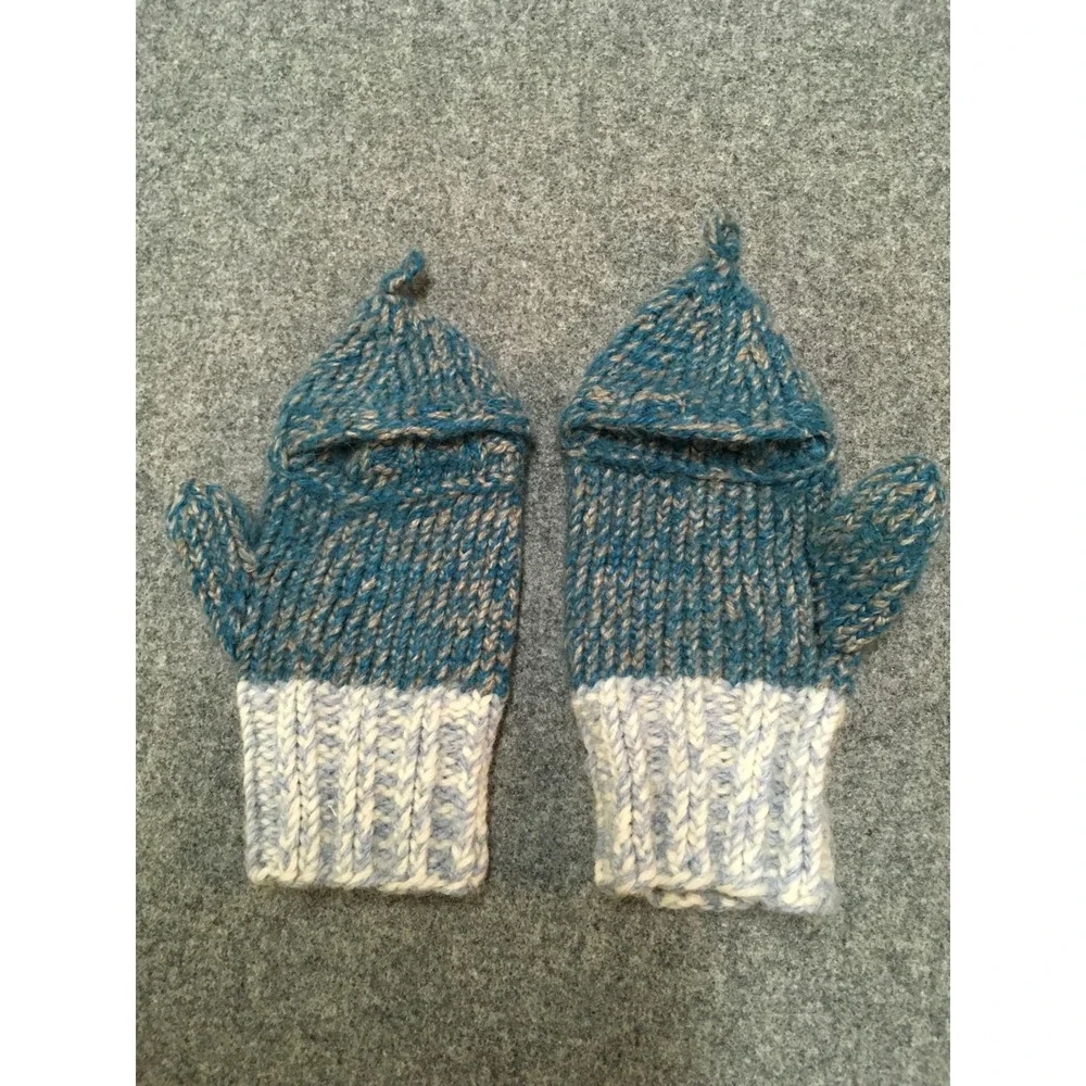 Handmade Convertible Mittens Kids Ages 4-8 Blue 100% Wool Flip Top Gloves